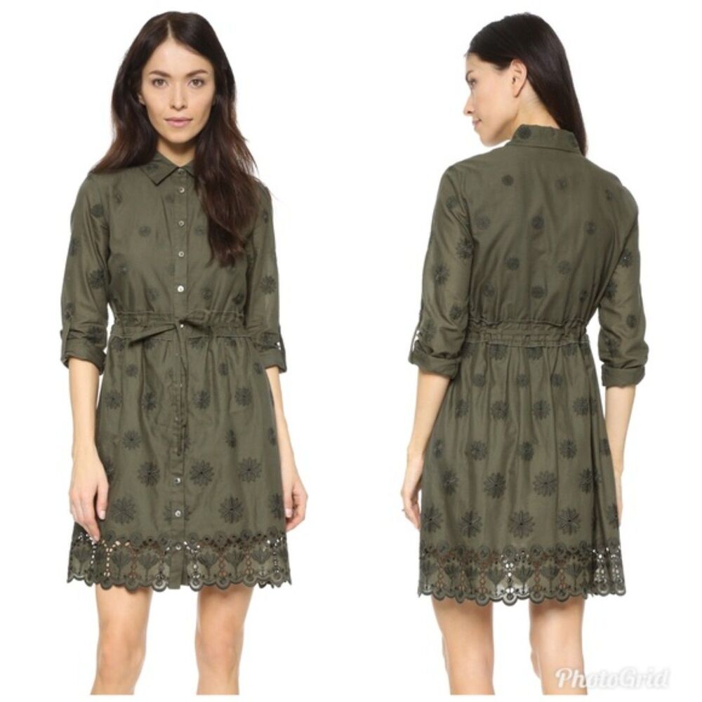 Diane Von Furstenburg Ivanka Dress Eyelet Mini Shirtdress Poplin 4 Olive Green